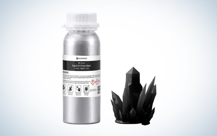  silver Monoprice Rapid 3D Printer Resin bottle with a black crystalline structure next to it