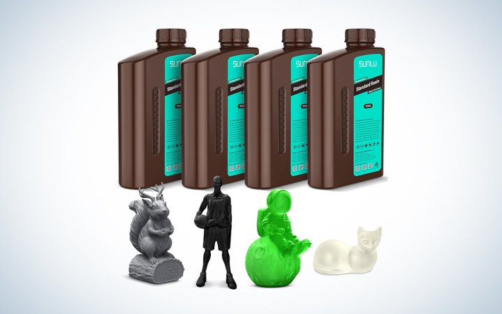  Sunlu 3D Printer Resin Bundle with four brown bottles and four figurines over a white background