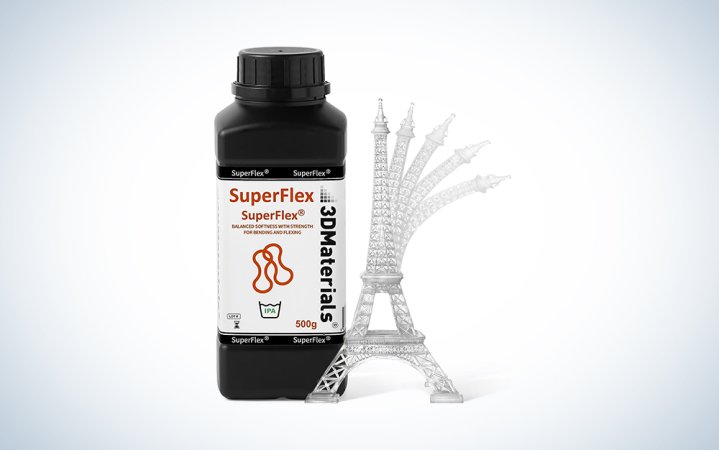  Superflex 3D Printer Resin bottle with a flexible Eiffel tower figure in front