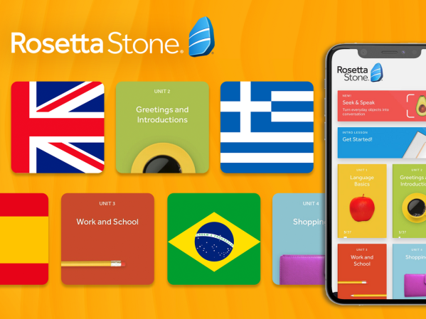 A Rosetta Stone advert with flags from different countries on an orange background