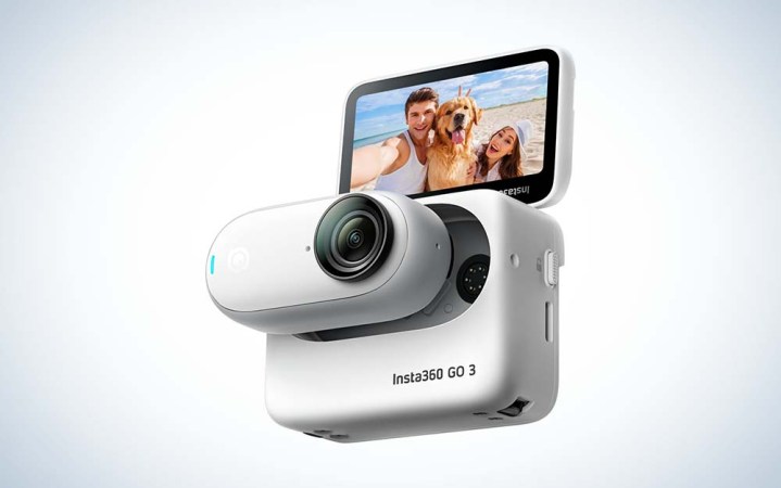  white Insta360 GO 3 action camera with a screen