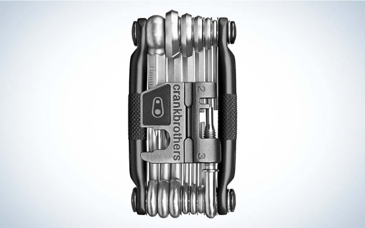  A gray metal Multitool 19 device for cyclists.