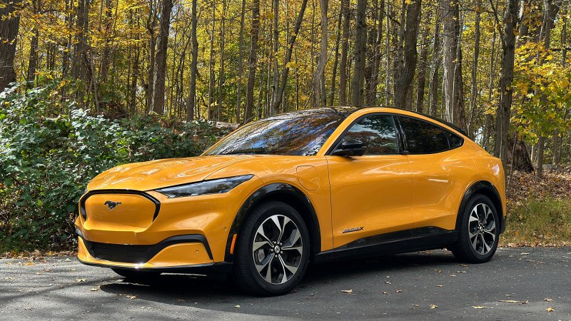 a Ford Mach-E electric car parked in front of the woods in autumn