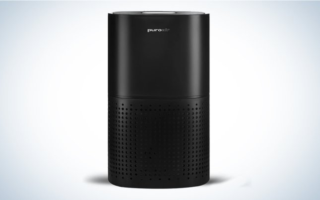 A black PuroAir HEPA 14 air purifier on a plain background