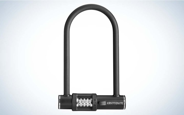  A steel U-shaped bike lock with a combination on the front from Kryptonite.