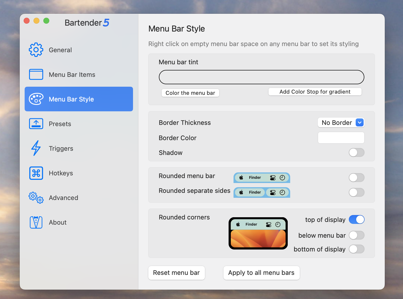 Screen showing the customization options of the Bartender app for macOS