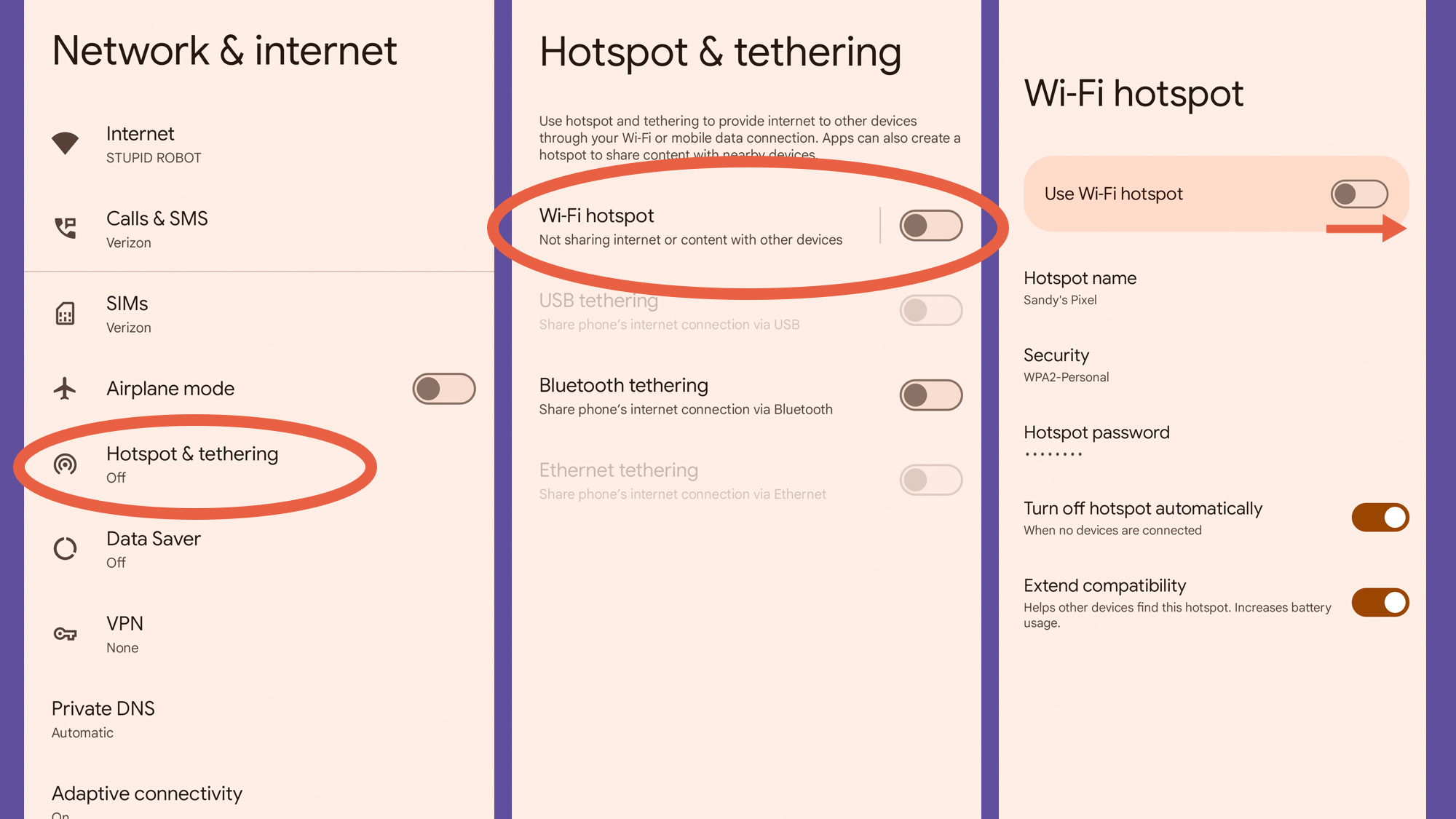 Series of screens showing the menus for internet, networks, mobile hotspots on an Android phone. 