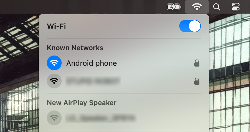 Screen showing macOS WiFi quick settings with a connection to a mobile hotspot.