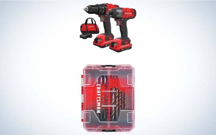  A red cordless drill, impact driver, and carrying bag over a drill bit set in a red case.