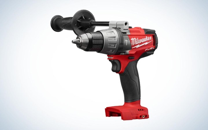  red Milwaukee 2804-20 M18 FUEL 1/2 in. Hammer Drill over gradient background