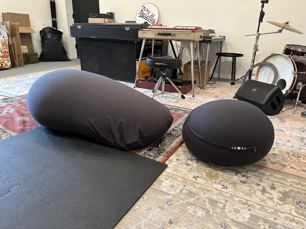  moonpod zero gravity chair on top of carpets and in front of musical instruments