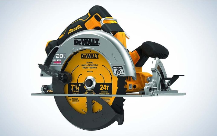  A yellow, silver, and black circular saw by DeWalt.