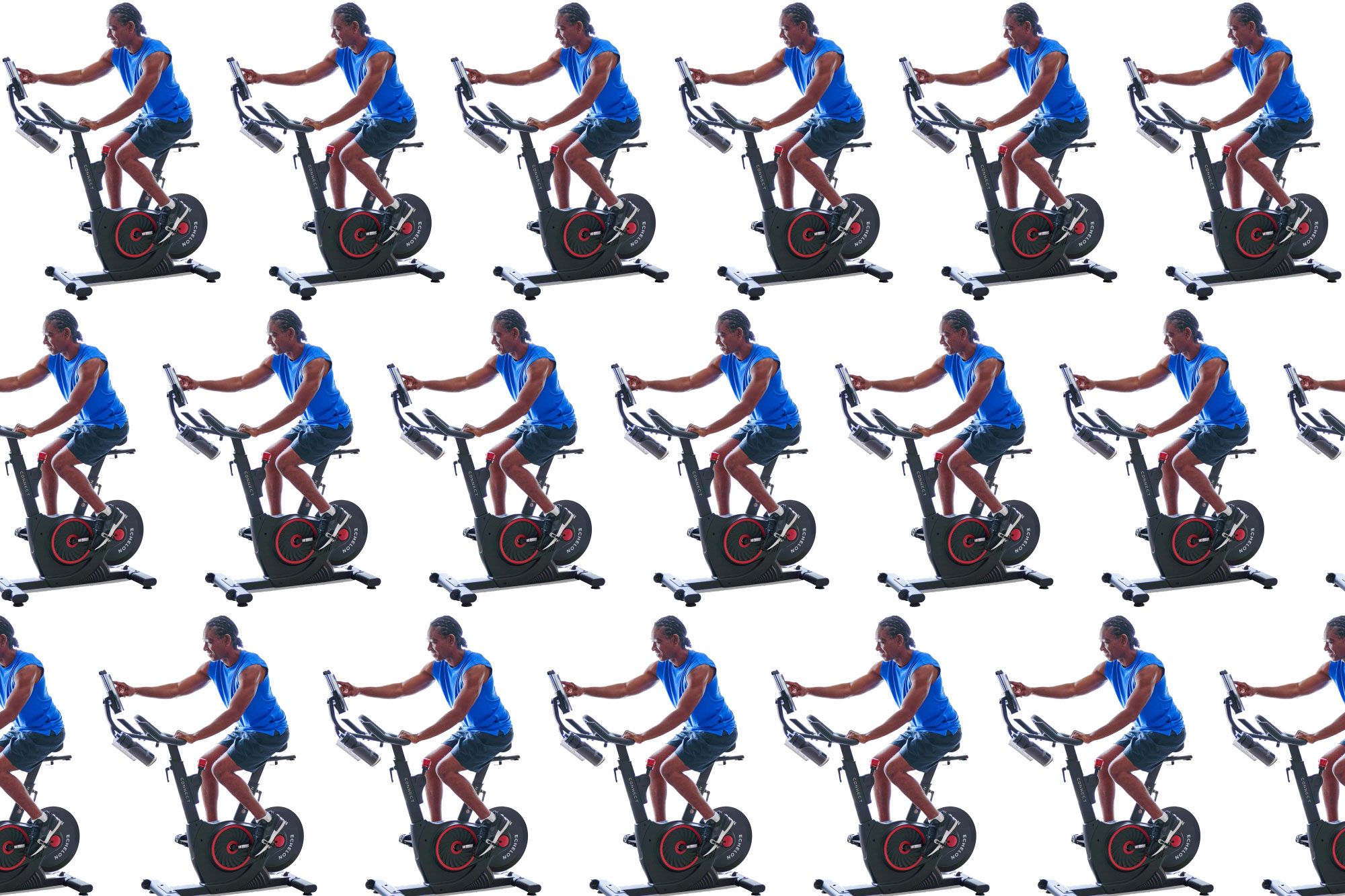 A person on a workout bike in a pattern on a plain background