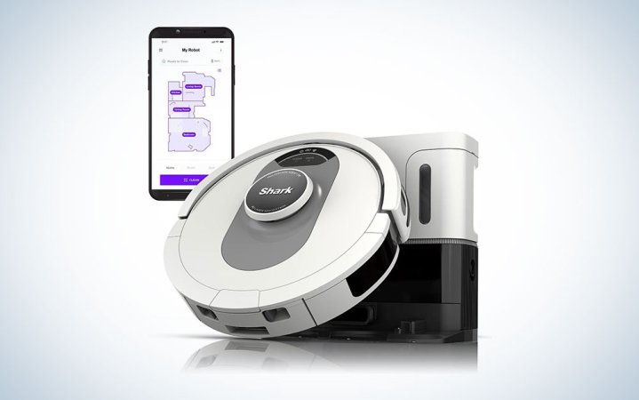  A Shark AI Ultra Voice Control Robot Vacuum on a blue and white background