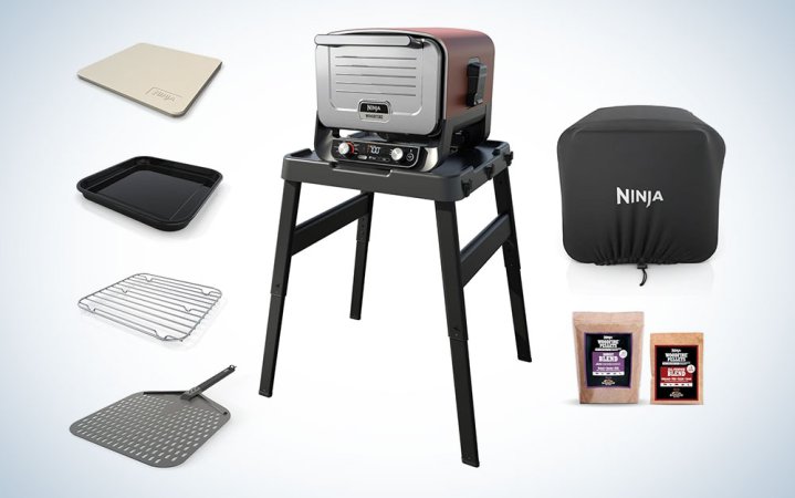  A Ninja outdoor pizza oven kit on a grey and white background