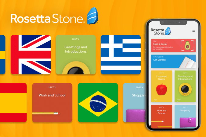 A Rosetta Stone advertisement on a orange background