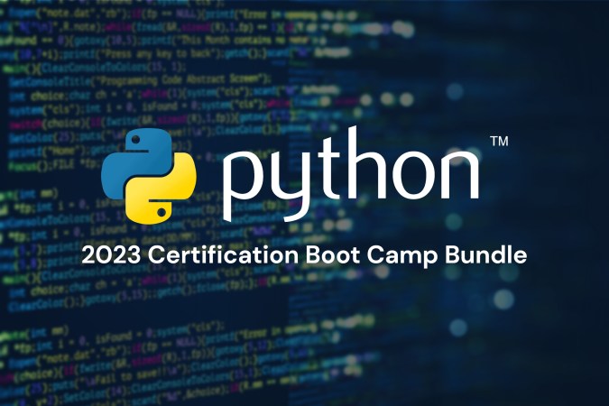 A Python certification boot camp bundle logo on a computer with blurry code in the background