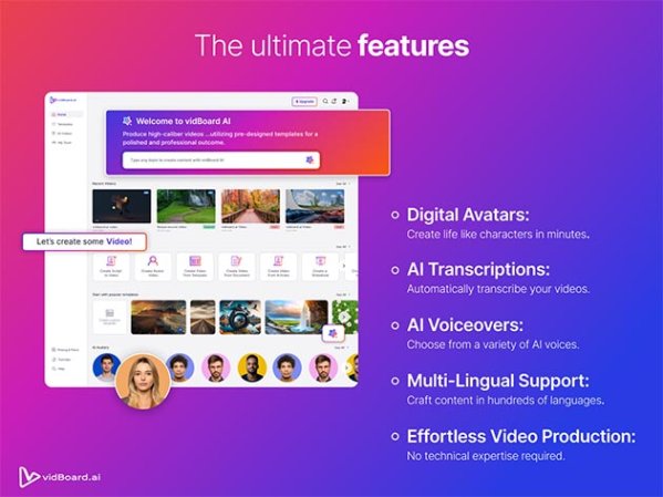 A vidBoard Creative AI Presenter advert on a gradient background