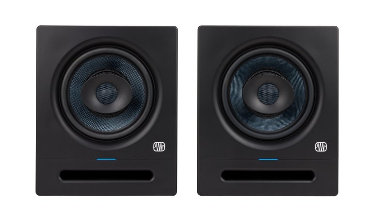  A pair of PreSonus subwoofers on a plain background