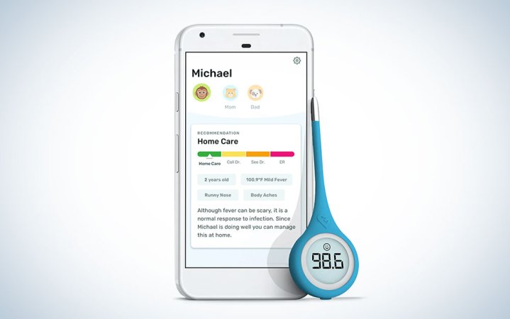  A Kinsa QuickCare Smart digital thermometer on a plain background