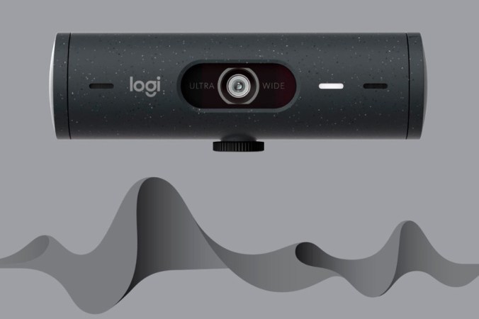  Logitech Logi webcam on a gray background with a squiggle graphic below it.