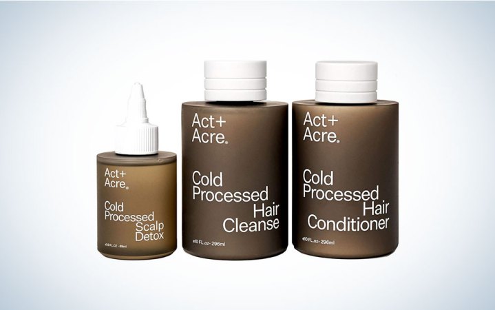  A cold processed hair cleanse set from Act+Acre on a plain background