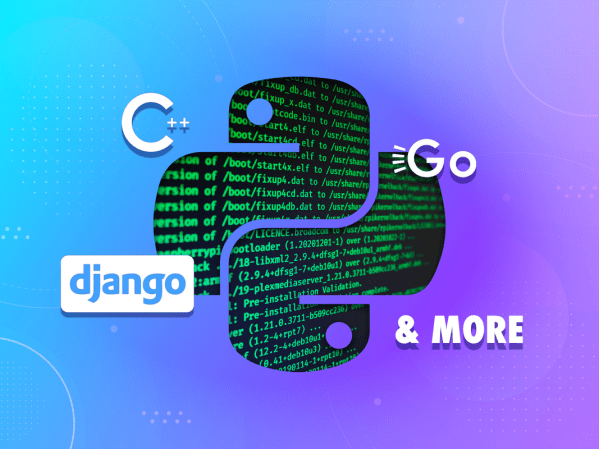 A Python logo with other coding languages on a gradient background