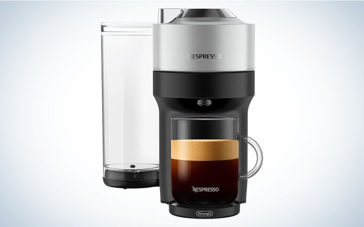  A Nespresso Vertuo Pop+ Deluxe Coffee and Espresso Machine by De'Longhi on a plain background