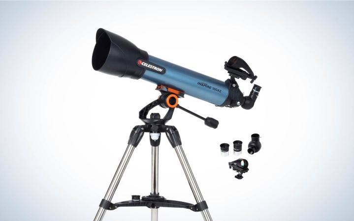  Celestron Inspire 100AZ budget telescope on a plain background