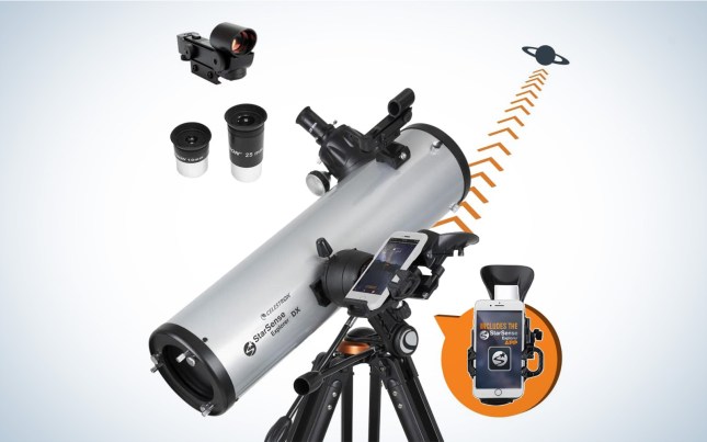 Celestron StarSense Explorer DX 130AZ budget telescope with accessories on a plain background