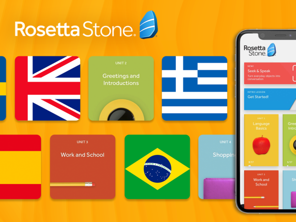 A Rosetta Stone advertisement on an orange background