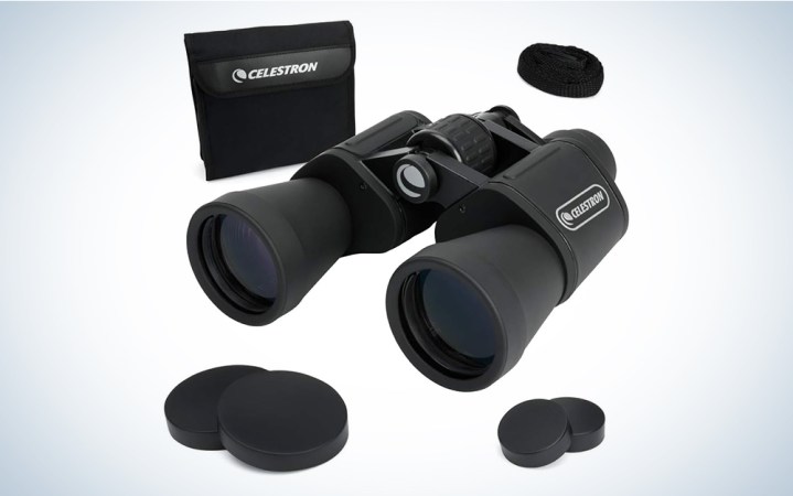  Black Celestron UpClose G2 10x50 budget binoculars for astronomy shown with case and lens caps