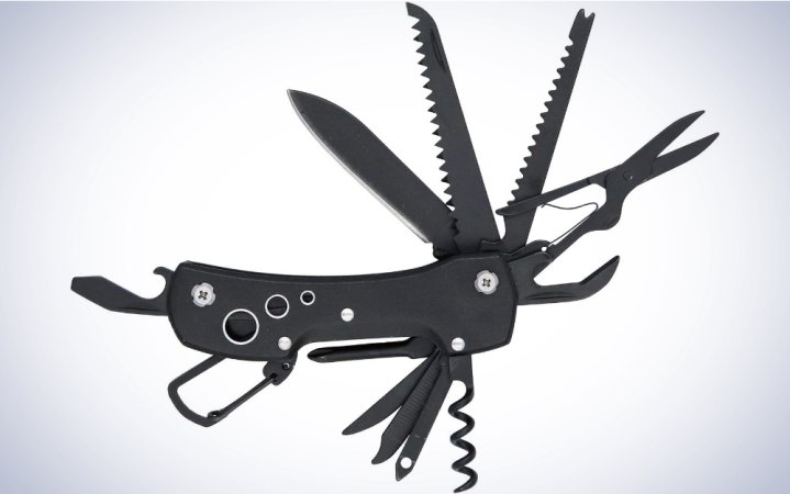  An Amazon Basics 15-in-1 Stainless Steel Multitool on a plain background