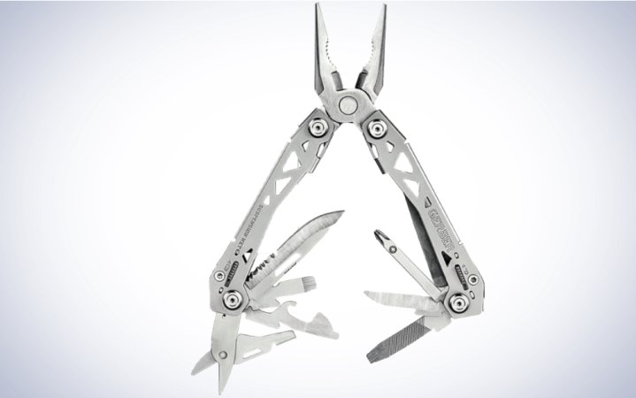  A silver Gerber Gear Suspension-NXT 15-in-1 Multitool on a plain background