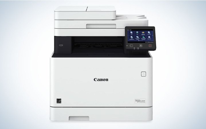  A Canon Canon Color imageCLASS MF741Cdw AirPrint printer on a plain background