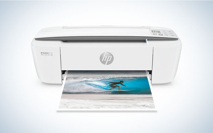  A white HP DeskJet Compact All-in-One AirPrint Printer on a plain background