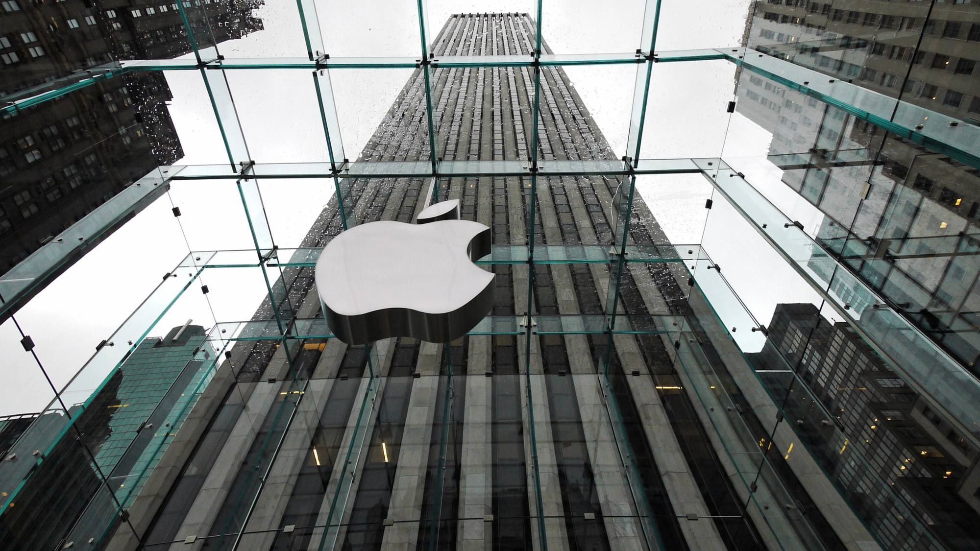 NYC Apple Store logo on cloudy day