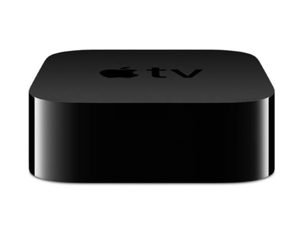 A black Apple TV box on a plain background.