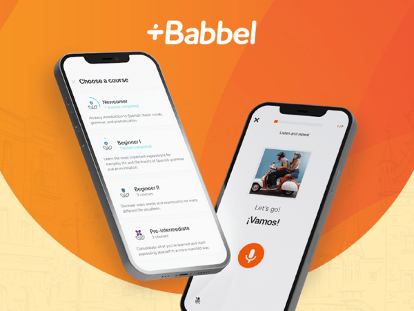 A Babbel advert on an orange background.