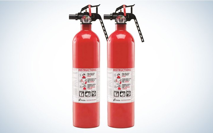  Two Kidde Multipurpose Fire Extinguishers on a plain background.