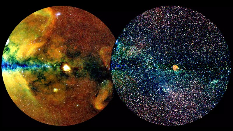 Two different versions of the eROSITA map. Extended X-ray emissions (left) and point-like X-ray sources (right).