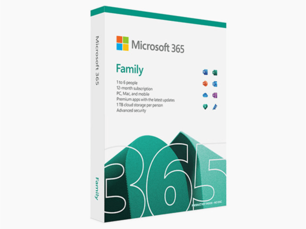 A Family box of Microsoft Office 365 on a plain background.