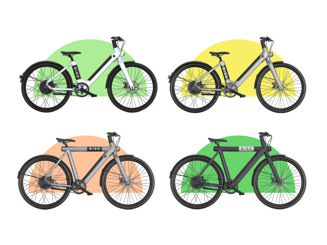 Four BirdBike ebikes on a plain background.