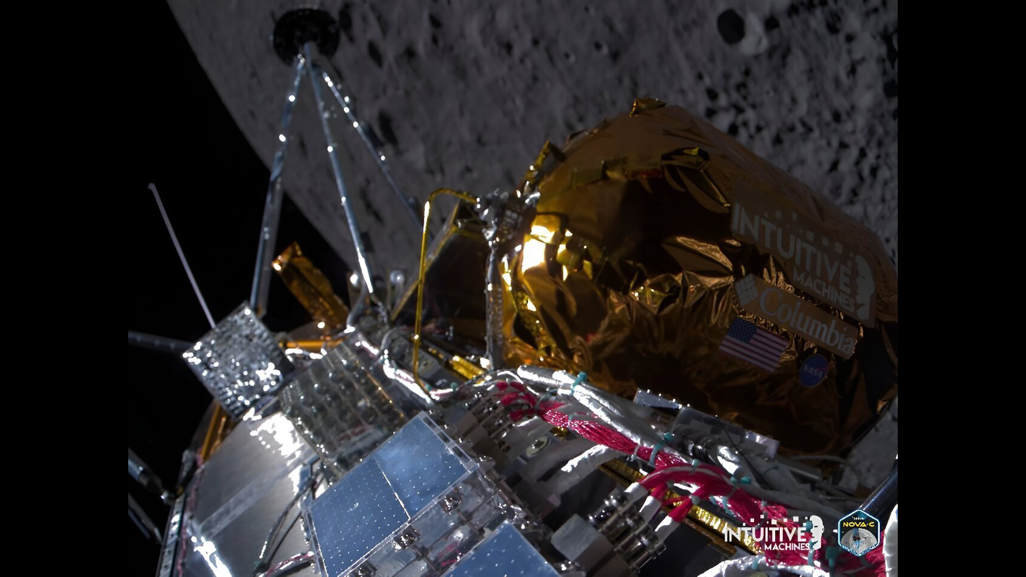 Odysseus passes over the near side of the moon. The photo was taken while the spacecraft was orbiting the moon.