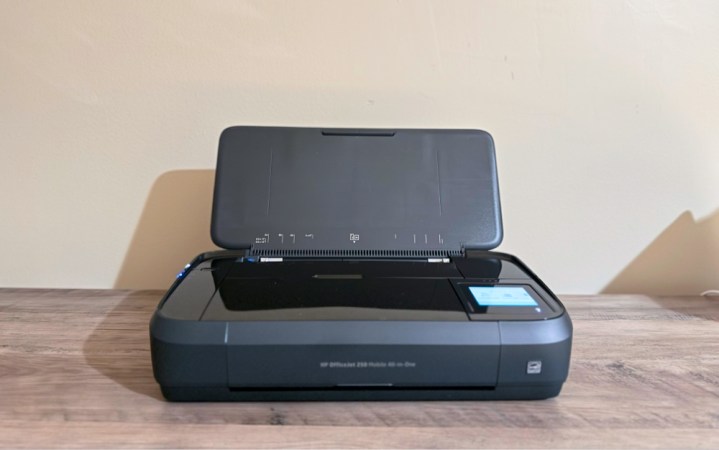 HP OfficeJet 250 placed atop a table.