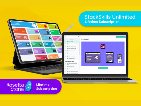 StackSkills and Rosetta Stone on a laptop and tablet.