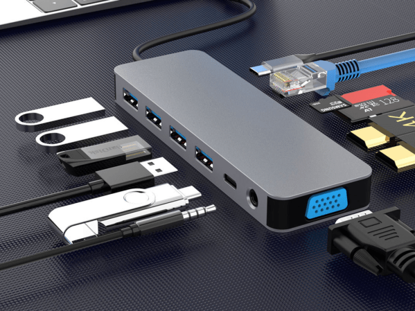 A 13-in-1 docking station with many things plugged into it.