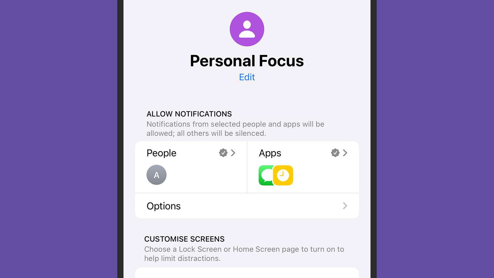 screenshot of an iphone with "personal focus" on the screen. purple background