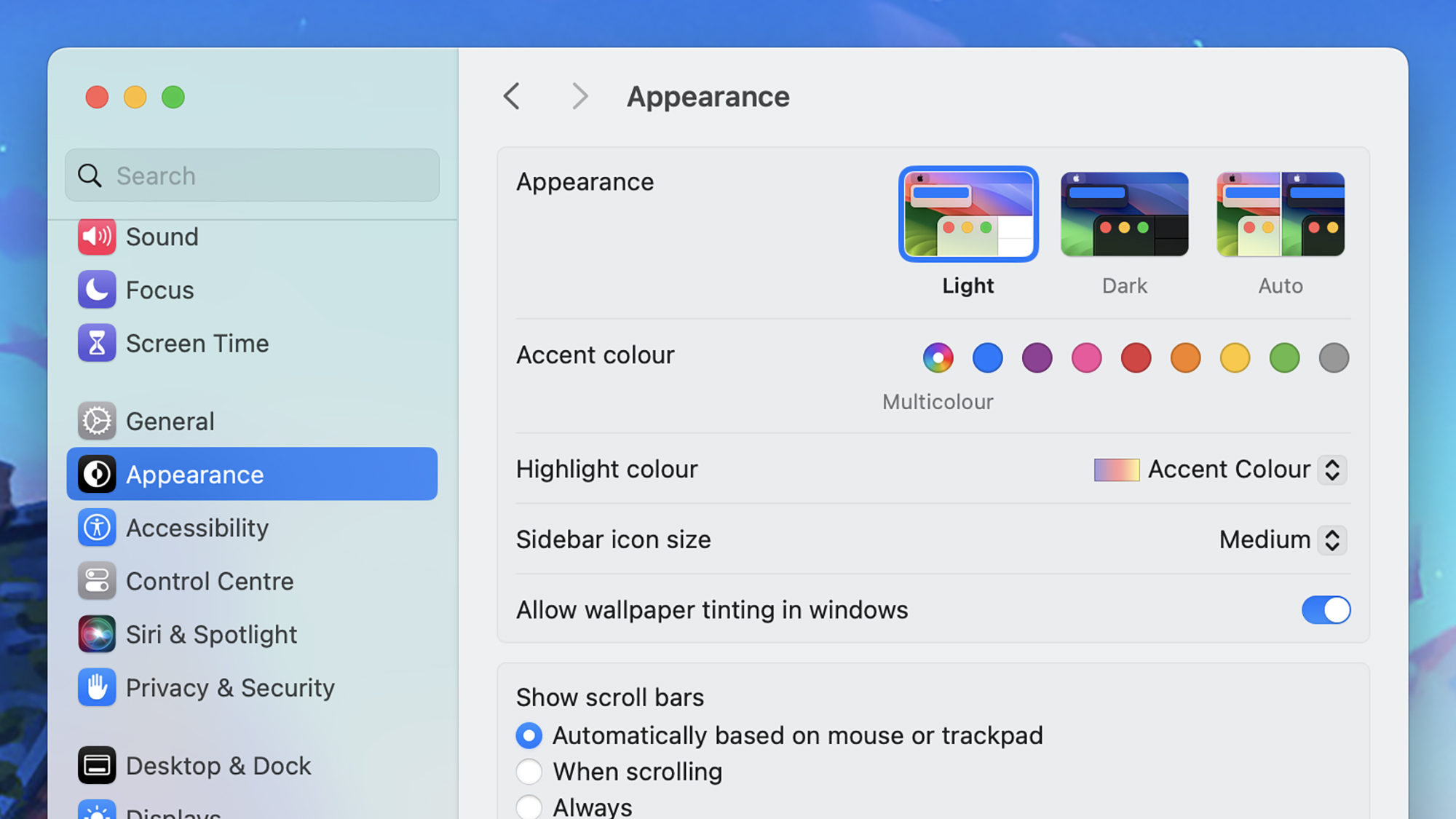 screenshot of an Mac laptop's appearance settings