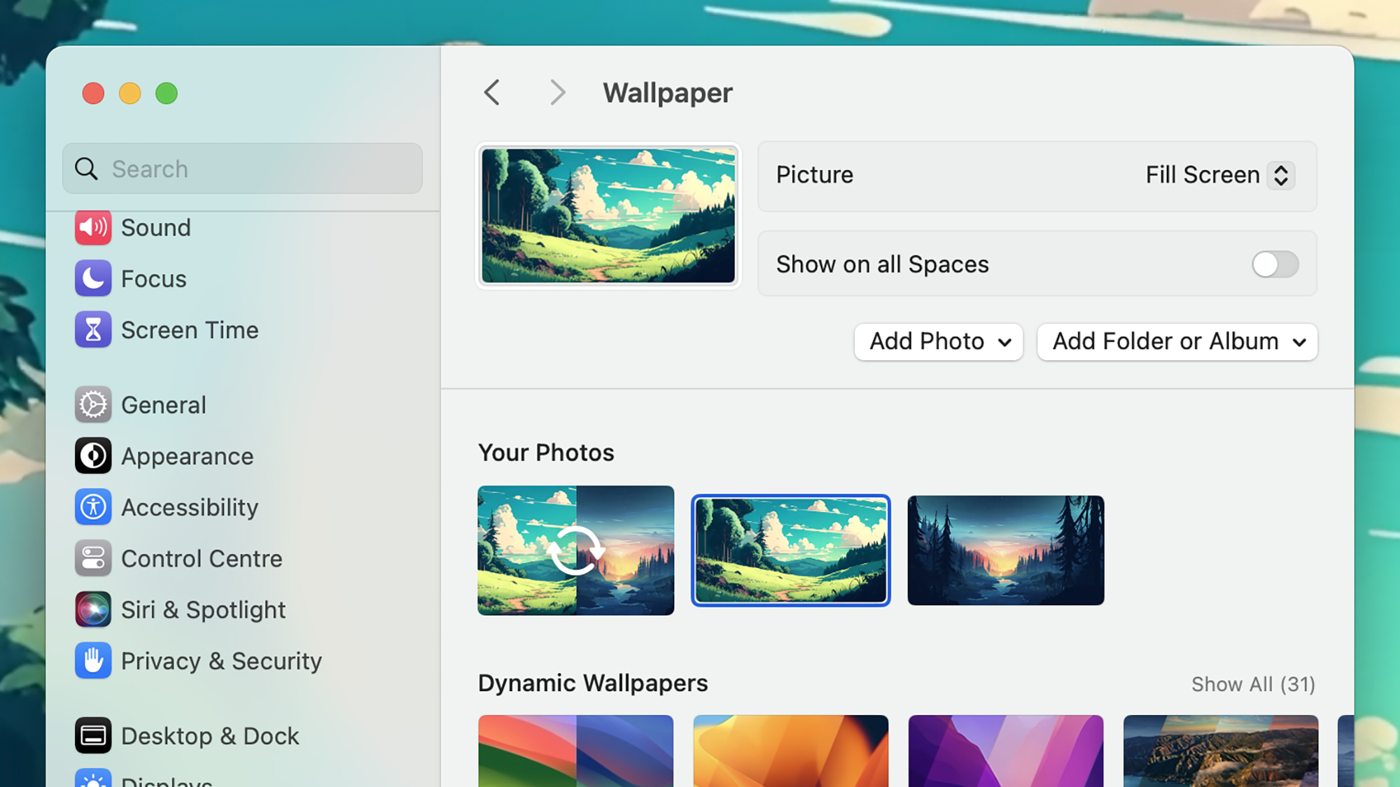 screenshot of Mac laptop's wallpaper settings page